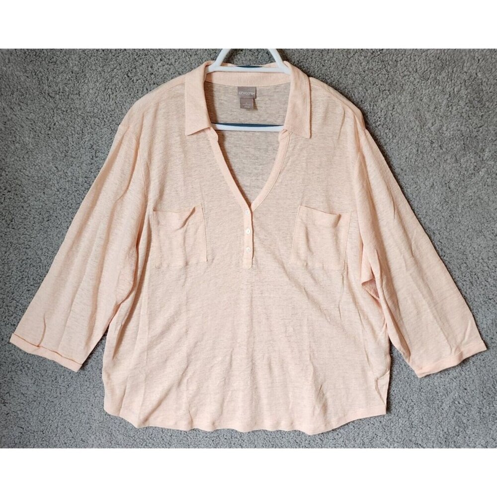 Chicos Women's 3/4 Sleeve Collared V Neck Popover Top Lightweight Linen Knit XXL